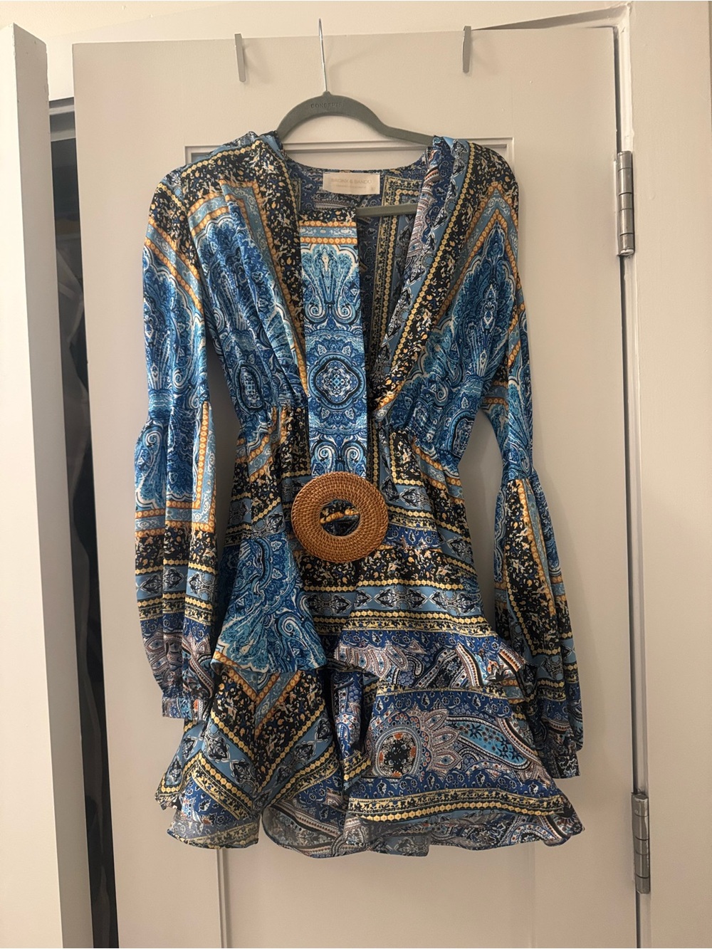 Bronx and Banco Blue Paisley Mini Dress with Woven Waist Buckle